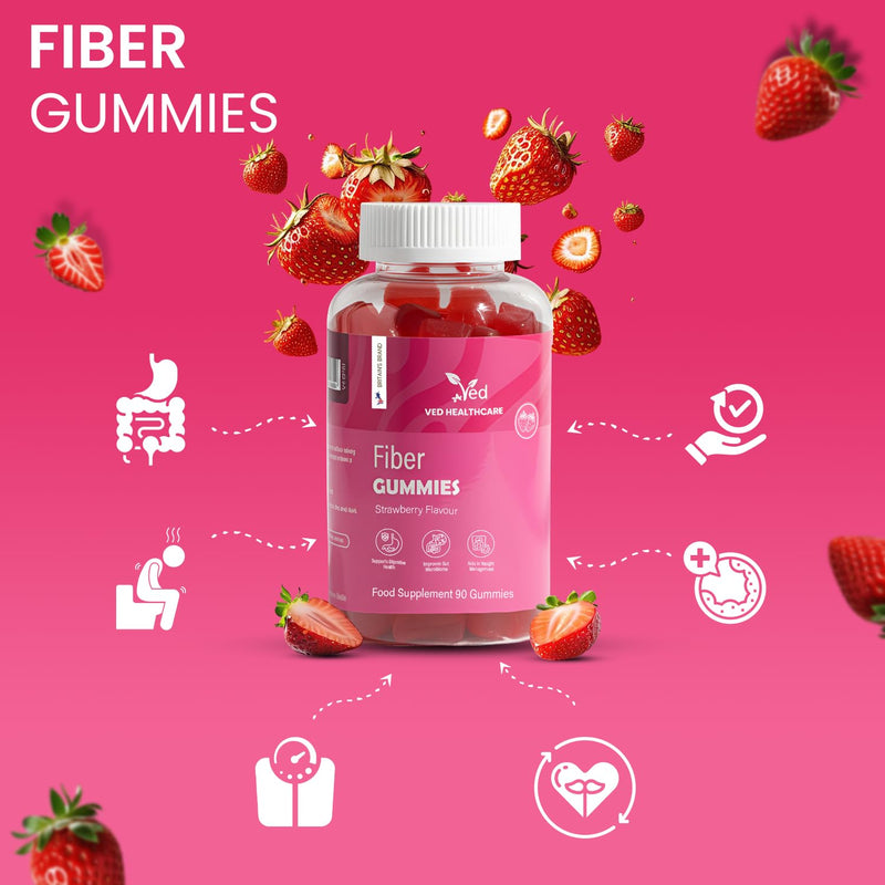 Fiber Vegan Gummies, 90 Gummies, 1 Month Supply, Strawberry Flavour, Vitamin B12 & B6, 3 Per Day, Gluten-Free - By VED