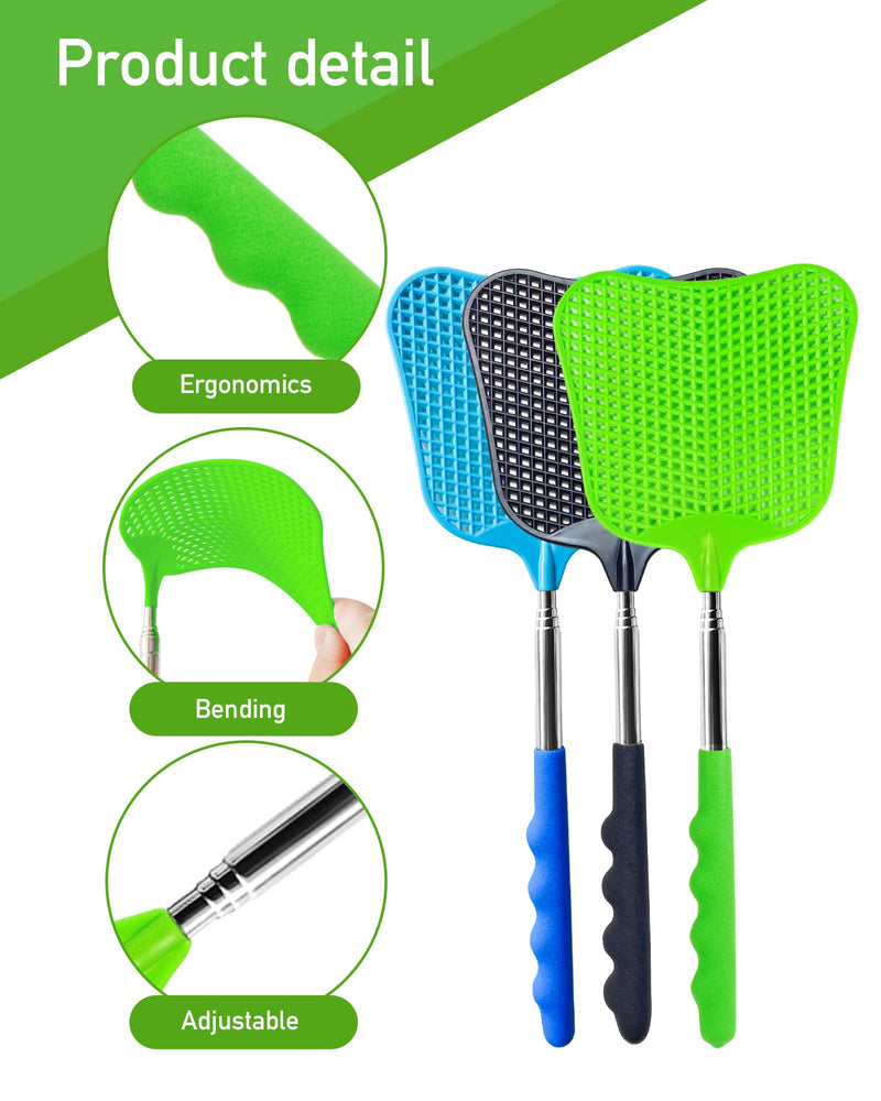 3 pcs Fly Swatter, Fly Swatter Plastic,Telescopic Fly Swatters, Large Bug Swatter That Work for Indoor and Outdoor. (Black Blue Green)