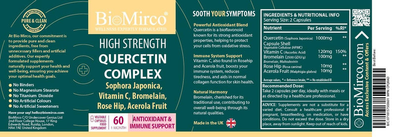 High Strength Quercetin 1000mg Complex, 60 Premium Capsules, Allergy Support, Powerful Antioxidant Supplements, Anti-inflammatory Antioxidant Supplement, Alternative to quercetin Powder, UK Made 60 count (Pack of 1)