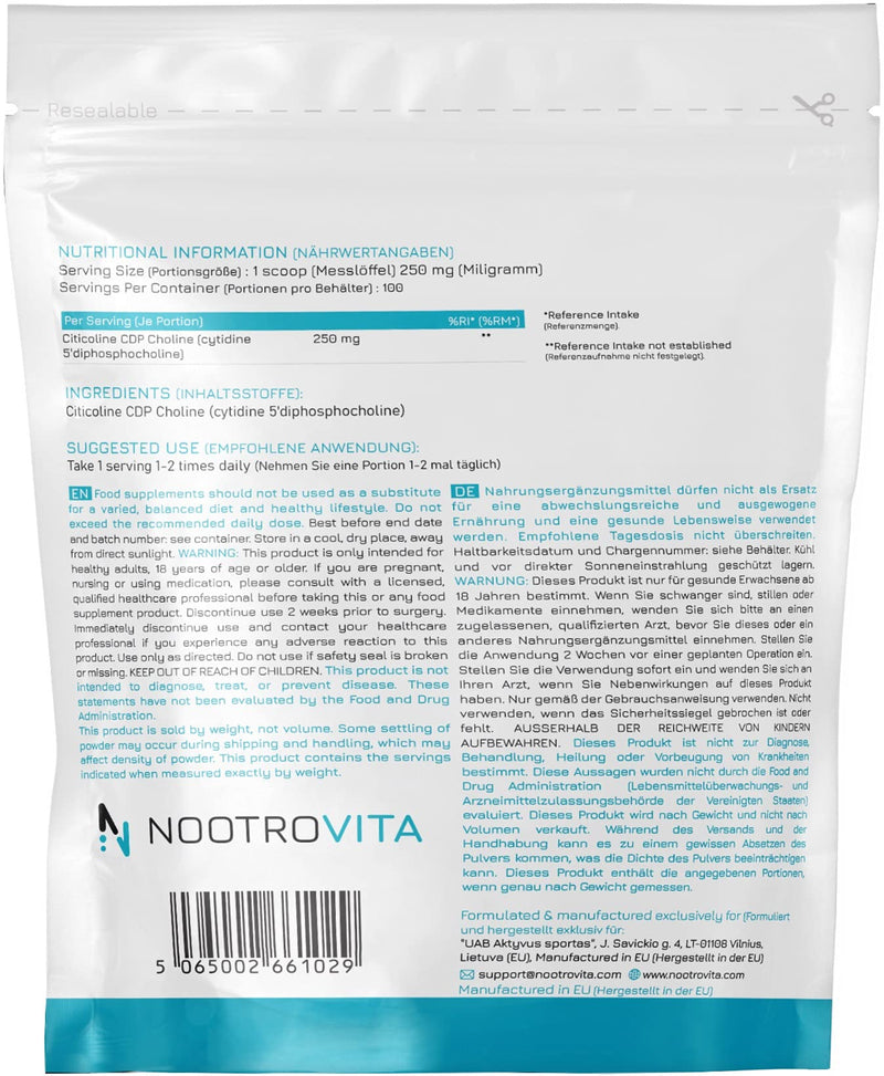 [Australia] - Citicoline CDP Choline Powder 25g - For Memory, Concentration and Cognitive Function | No Fillers, Allergen Free | Manufactured in ISO-certified companies | Nootrovita 25 g (pack of 1) 