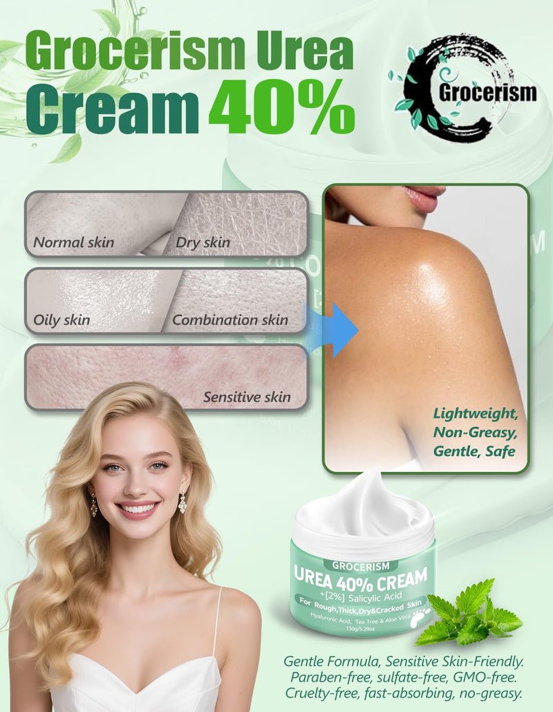 Grocerism Urea Cream 40% for Feet Maximum Strength Hand & Foot Cream 8.82oz | with 2% Salicylic Acid, Aloe Vera & Hyaluronic Acid, for Cracked Heels, Calluses & Rough Dry Skin 8.82 Ounce (Pack of 1) 40%