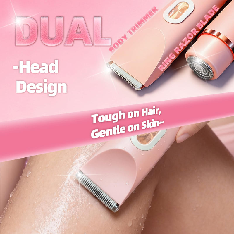 2-in-1 Bikini Trimmer for Women - IPX7 Waterproof & Painless Electric Razors for Bikini Line, Legs, Underarms, Face - Portable Cordless Shaver with Fast Charging | Ideal Christmas Gift for Women Pink