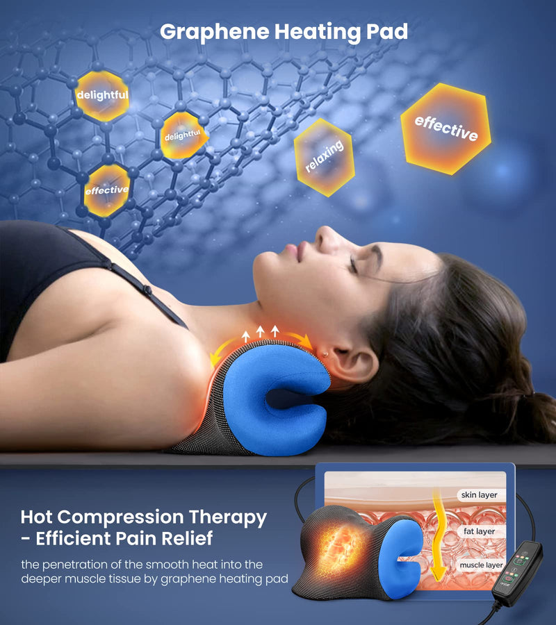 [Australia] - 8X Pain Relief Magnetic Therapy Heated Neck Stretcher, 3X Larger Graphene Heating Pad Cervical Traction Device Pillow, Neck Hump Corrector w/Timer Setting, Relax Gifts for TMJ Tension Muscle Migraine Blue 