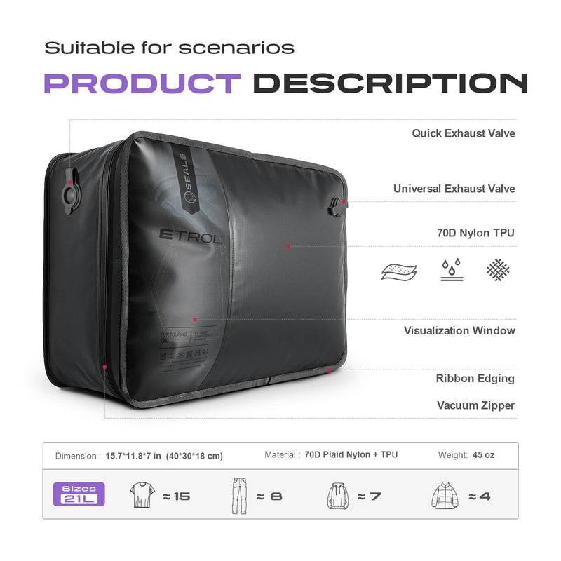 ETROL TPU Vacuum Bag for Travel, 70D Nylon Reusable Compression Bag with IP67 Waterproof Zipper, Compression Packing Cubes for Clothing, Space Saver Bags for Luggage (Full Open, Grey,1Pcs+Pump) Full Open, Grey,1Pcs+Pump