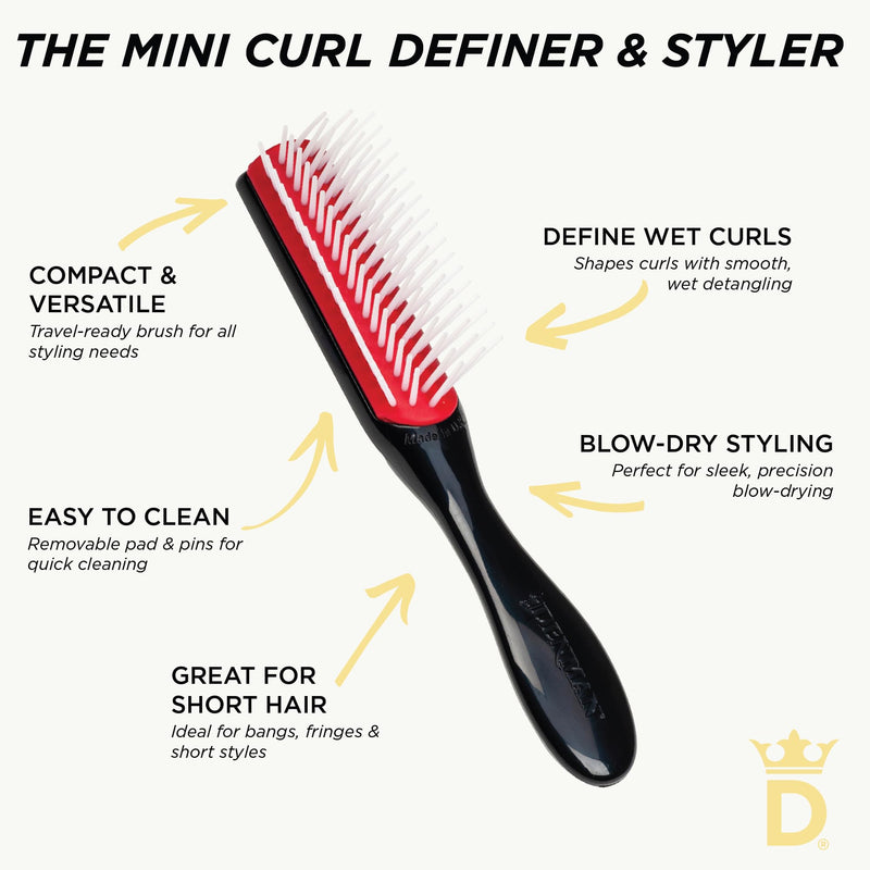 Denman Mini Curl Definer & Styler 5 Row Hairbrush for Detangling, Separating, and Defining Curls, Curly Hairbrush, Sleek Blowdrying - D14 Black/Red