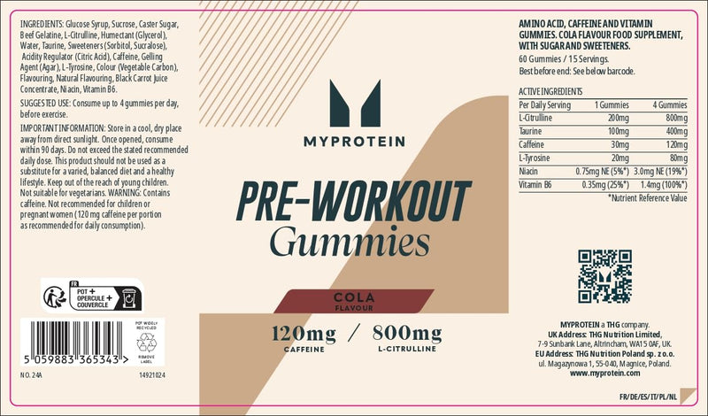 Myprotein Pre-Workout Gummies – Cola Flavour – Energy-Boosting Caffeine Gummies with L-Citrulline, Taurine, and B Vitamins – Fast-Acting & Convenient Pre-Workout Supplement