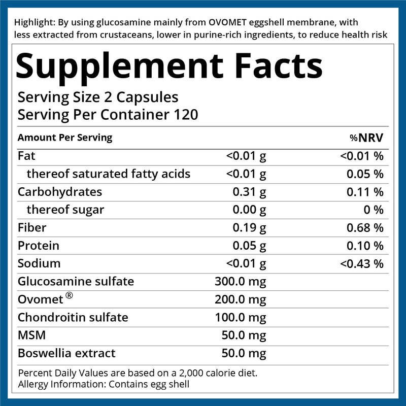 [Australia] - OVOMET Eggshell Membrane Low-Purine Glucosamine Chondroitin Sulfate MSM Boswellia Joint Supplement - Supports Mobility Comfort Strength Flexibility & Bone - Made in Germany - 60 Days Supply 