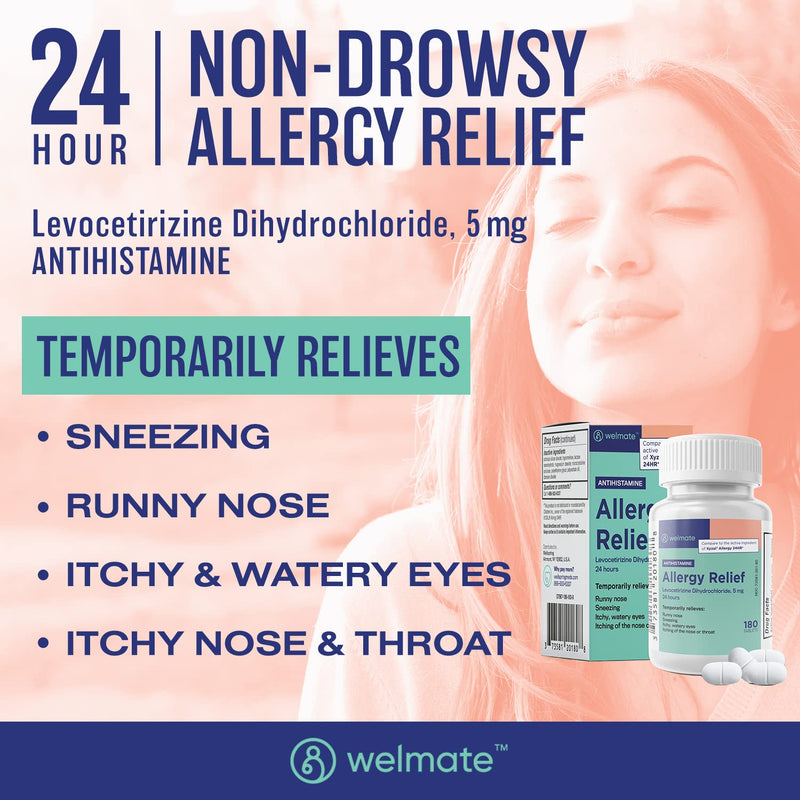 [Australia] - WELMATE | Allergy | Generic Xyzal Levocetirizine Dihydrochloride 5mg | Non Drowsy | Fast Acting | 24hr Support | Runny Nose, Watery Eyes, Sneezing | Antihistamine | Allergy Medication | 180 ct 1 