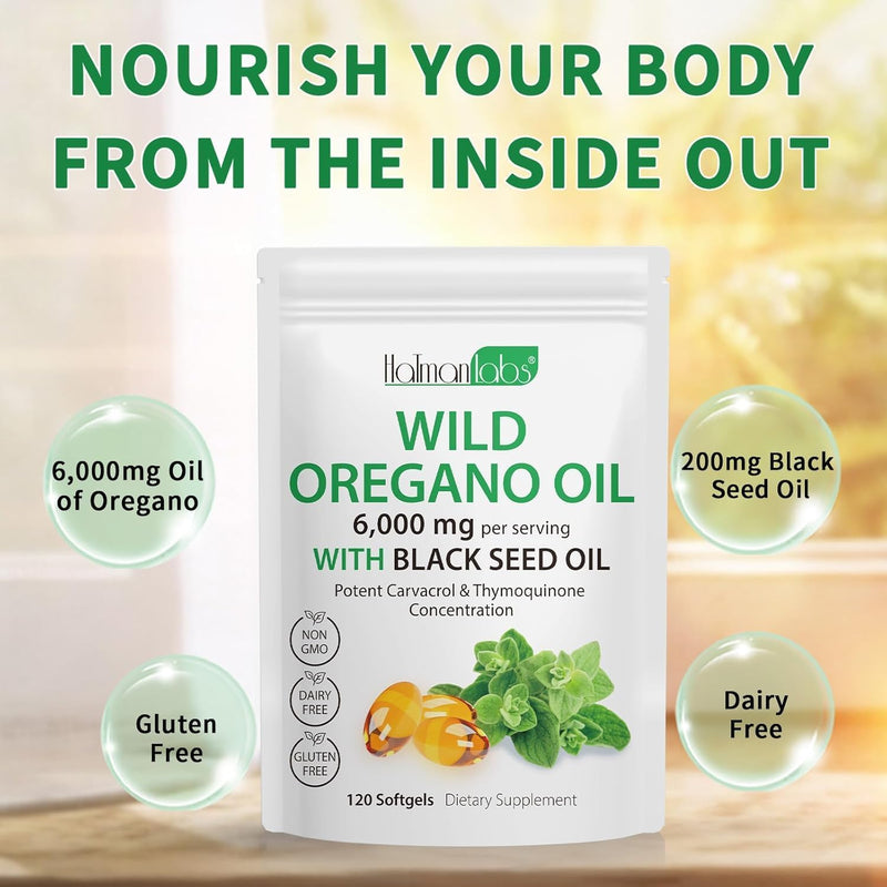 Oil of Oregano with Black Seed Oil, 2 in 1 6000mg Oregano Oil Capsules Organic,165mg Carvacrol, Easy to Swallow, Plant Based, Non-GMO, Gluten Free & Immune Support - 120Count