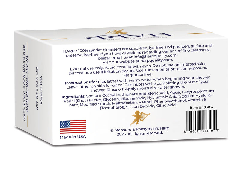 HARP® Anti-Aging Body Wash Bar with Retinol – pH Balanced Syndet Cleanser, FRAGRANCE FREE, Soap-Free & No Lye, Non-Comedogenic, With Niacinamide, Hyaluronic Acid & Vitamin E, 5 oz Anti-Aging - Fragrance Free 1 Bar
