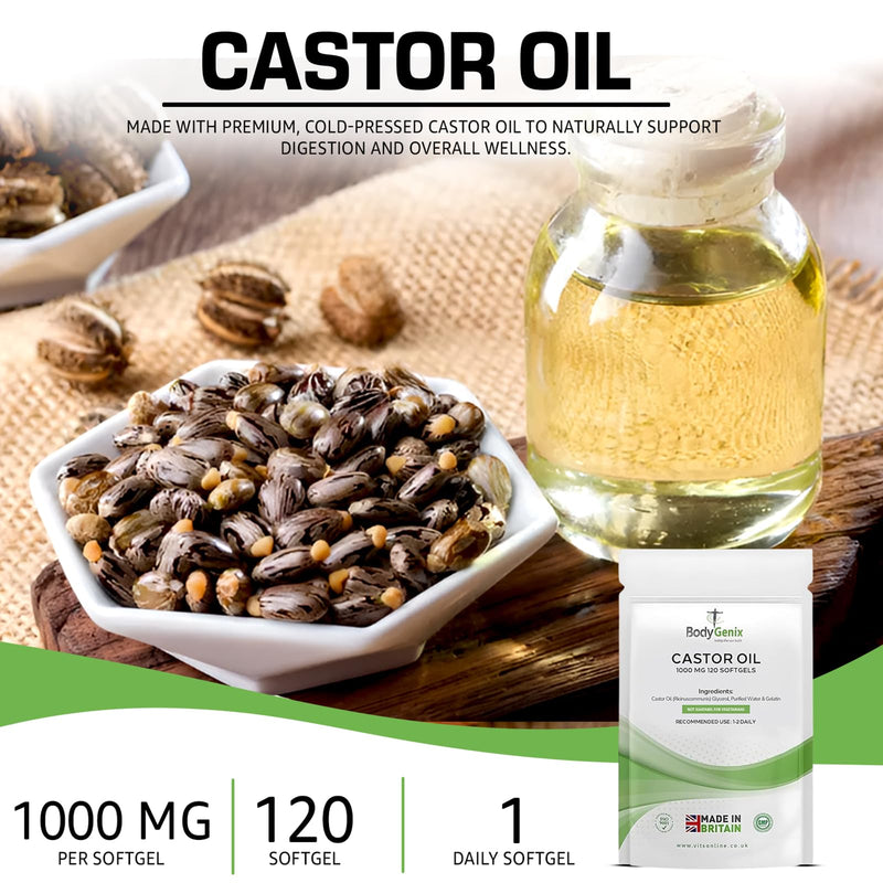 Bodygenix Castor Oil 1000mg Softgel - Supports Immune System Skin Hair Health Joint Wellness Relief Natural Health Supplement - 120 Softgels, 4 Month Supply 120 count (Pack of 1)