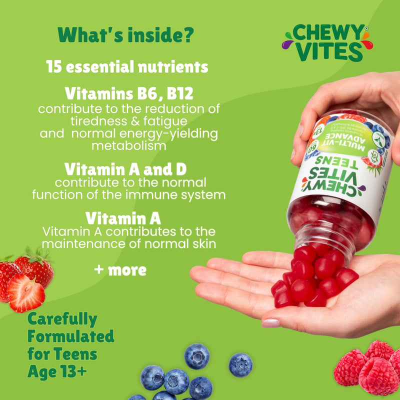 Chewy Vites Teens Multi-VIT Advance, 60 Vitamin Gummies, Teen Vitamins Gummies with 15 Essential Nutrients, 2 Months Supply, Real Fruit Juice, Vegan, Berry Flavour, for Energy and Immunity