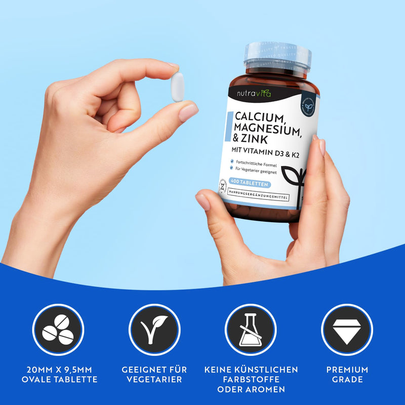 [Australia] - Calcium Magnesium Zinc - 400 high-dose vegetarian tablets (6 months) - Magnesium oxide with vitamin D3, K2, selenium, manganese - Complex with 600 mg calcium per daily dose - Bones + Muscles - Nutravita 