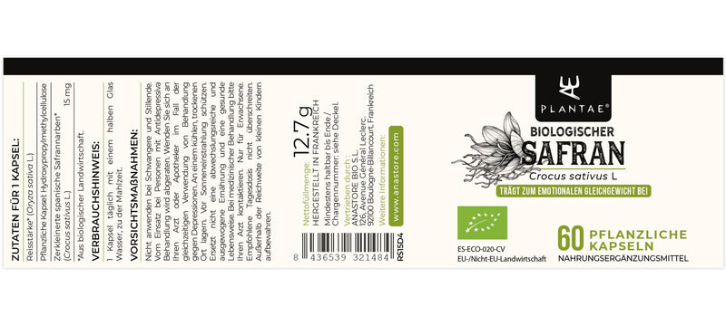 [Australia] - ORGANIC SAFFRON * 15 mg / 60 capsules * Emotional balance, muscles and skeletons 