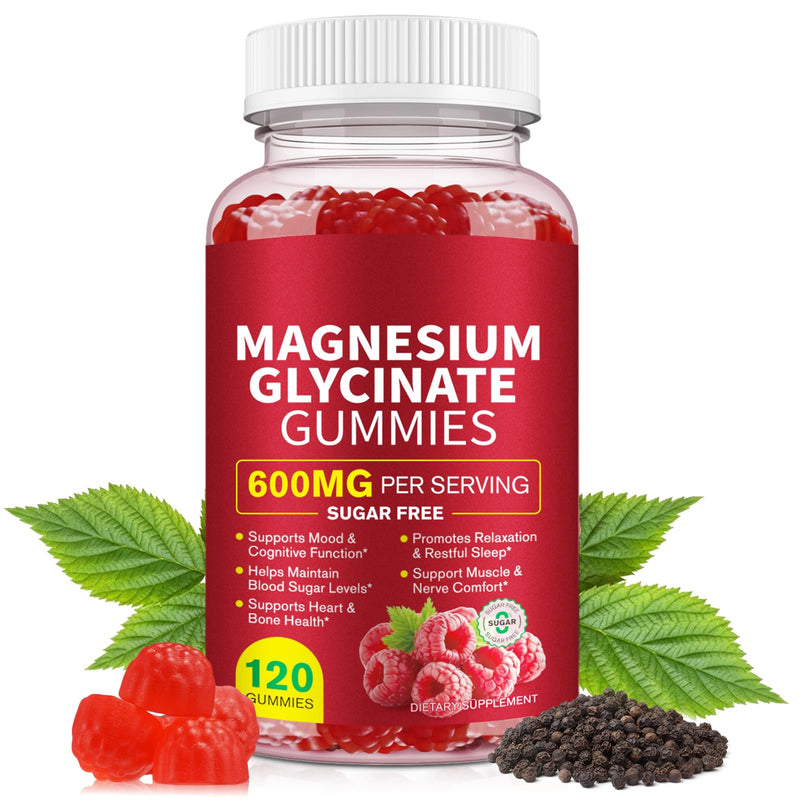 120 Count Magnesium Glycinate Gummies,600mg High Absorption Health Supplement with VIT D3, B6 & Coq10 for Sleep Support, Relaxation & Muscle Sugar Free,Vegan (120PCS) 120 count (Pack of 1)