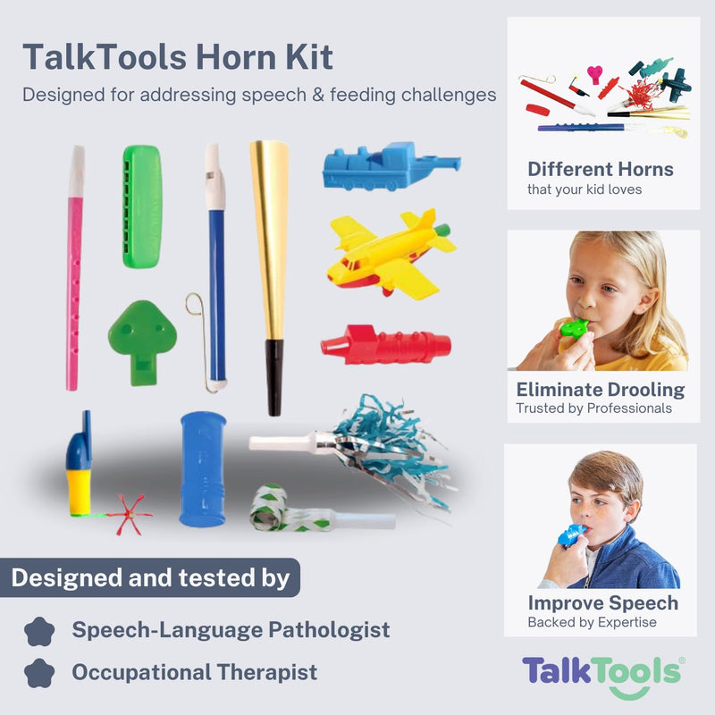 [Australia] - TalkTools Horn Kit | Oral Motor Placement Therapy | Improve Speech, Tongue Lip Placement | Reduce or Eliminate Drooling | Abdominal Grading | Controlled Oral Airflow, and Speech Clarity - 12 Tools 