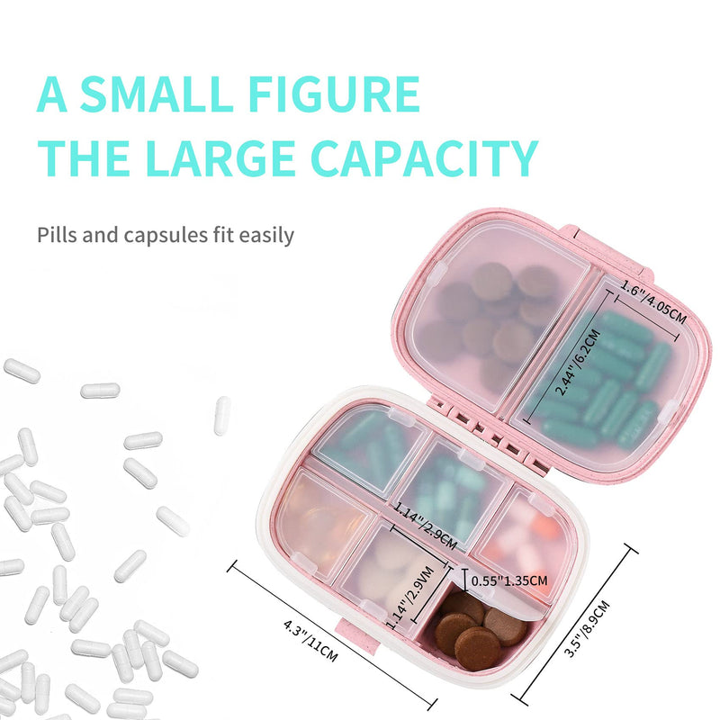 4 Pack Travel Pill Organizer, 8 Compartments Small Pill Box Daily Pill Case | for Medicine, Vitamin, Supplement Storage, Compact Pill Container for Pocket, Purse, Travel, Office, Home Use 4 Pcs 8-Compartment Pink+blue+green+beige