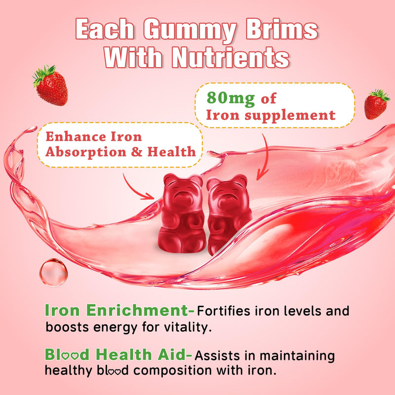 90 Count | Iron Supplement for Women, Men & Kids, Iron Gummies for Iron Deficiency & Anemia with Vitamin C B6 B12,Folate-Iron Supplement Support Bl♡♡d Oxygen & Energy Boost, Vegan,Non-GMO &Gluten Free Strawberry 90 Count (Pack of 1)