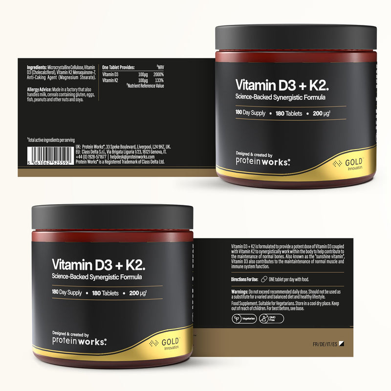 Vitamin D3+K2 - Gold Innovation, 4000IU Vitamin D3, 100μg Vitamin K2, High Potency Vitamin Supplement, Supports Bone Health & Immune System Function, 180 Tablets, 6 Month Supply | Protein Works