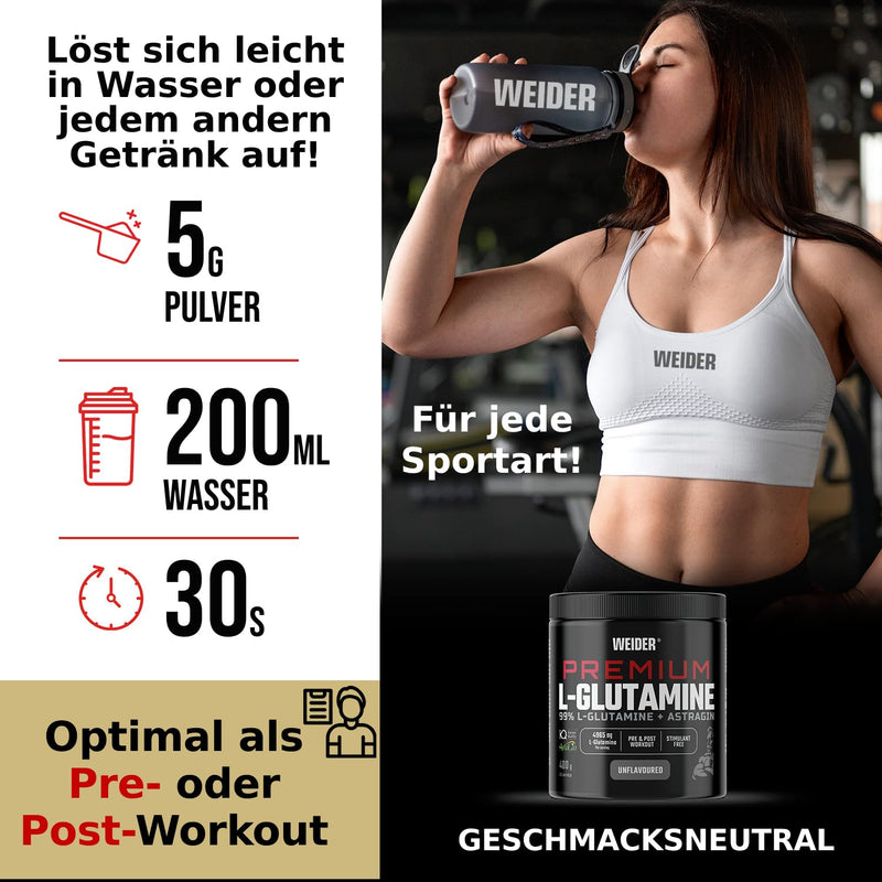 [Australia] - Weider Premium L-Glutamine (400g) Neutral in taste, 99% Kyowa Quality L-Glutamine + AstraGin for better absorption, supports muscle protection, muscle building, immunity, pre/post workout, stimulant-free 