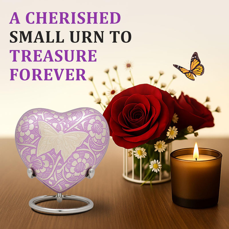 [Australia] - Small Urn for Ashes for Women/Men ‚Äì Butterfly Heart Urns ‚Äì Keepsake Urn for Baby Girl/Boy Ashes with Stand, Velvet Bag & Box ‚Äì A Loving Tribute to Honor Your Little Angel Forever (Purple, Small) Purple 