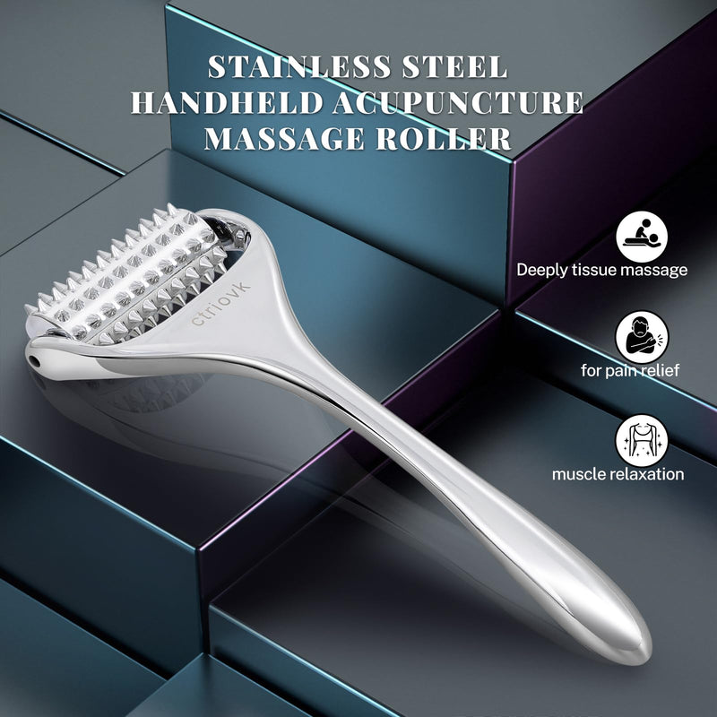 [Australia] - Acupuncture Massage Roller, Stainless Steel, Portable Manual Roller for Whole Body Pain Relief, Puffiness Reduce and Muscle Relaxation Massage, Silver 