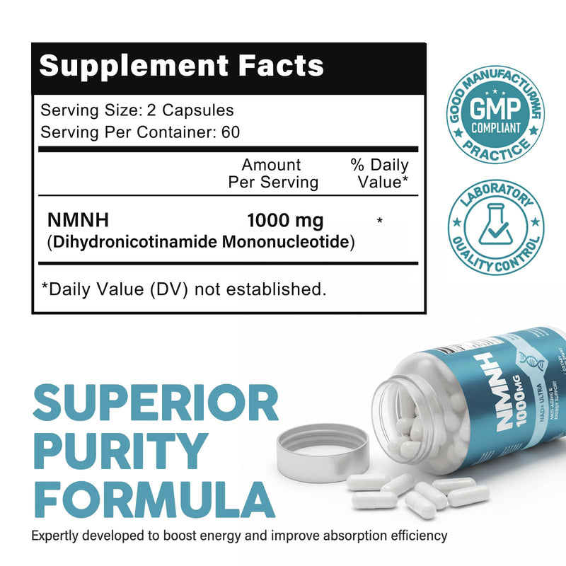 NMNH Capsules, Ultra Strength NMNH Supplement for Healthy Cellular, Aging, Energy & Healthy Aging, Non-GMO, Gluten-Free, 120 Count (Pack of 1) 120 count (Pack of 1)