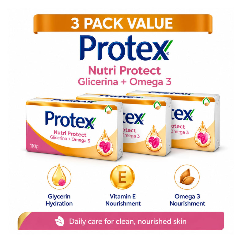 Protexx Nutri Protect Glycerin + Vitamin E Bar Soap, 3 Pack, 110g Each, Daily Cleansing Body Soap Bars Nutri Protect Glycerin + Omega 3