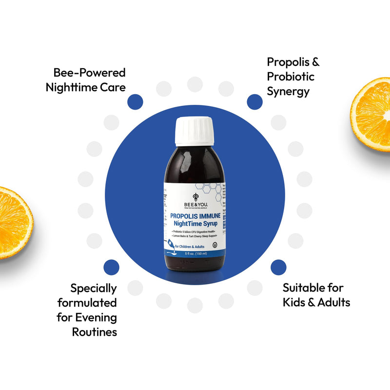 Bee and You Propolis Immune Nighttime Syrup with Probiotic & Vitamin C – Immune & Digestive Support, Healthy Sleep & Gut Health, Antioxidant Rich, 150 ml