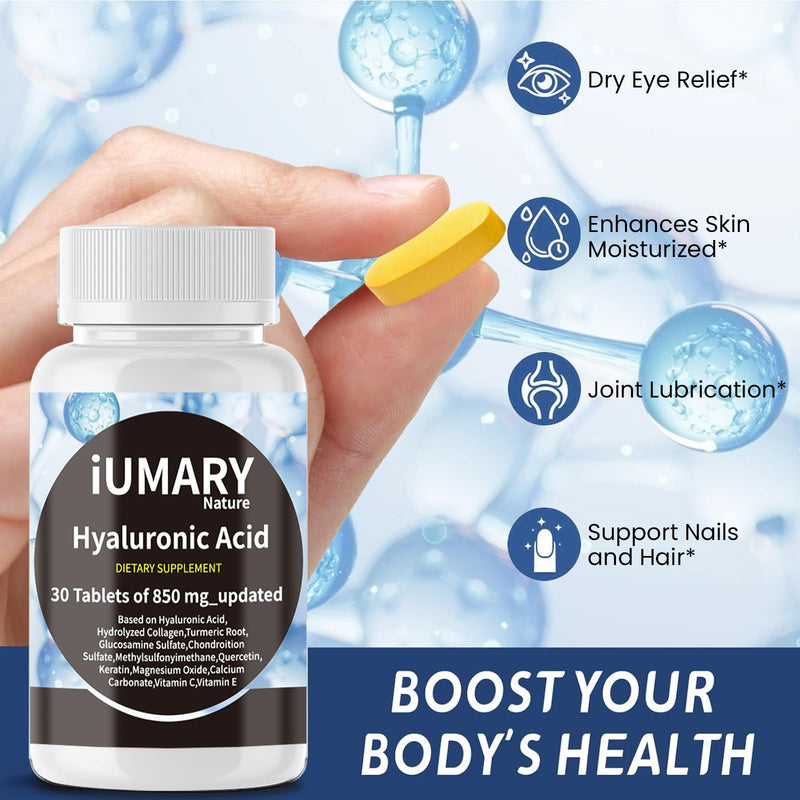 [Australia] - Hyaluronic Acid Supplements, 850mg High Bioavailable Dietary Hyaluronic Acid - Advanced Joint Support with Hydrolyzed Collagen, Turmeric, Glu-cosamine, MSM, Vitamin C ‚Äì 30 TabletsÔºàPack of 1Ôºâ 30 Count (Pack of 1) 