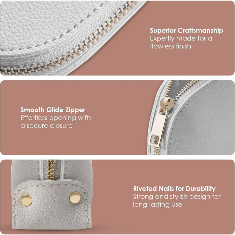 Travel Essentials Makeup Bag Set – Pink & Gray Textured Leather Cosmetic Pouches With Gold Zippers For On-The-Go Beauty – Travel Size – Gift Box Included