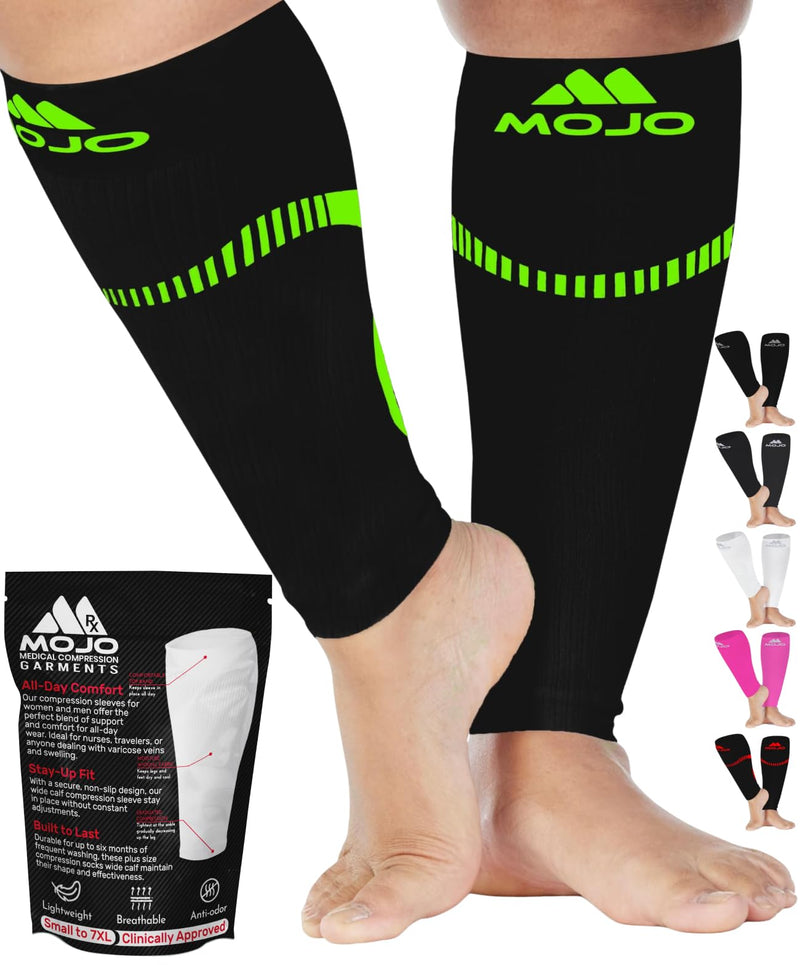Mojo Compression Socks Footless for Women and Men 20-30mmHg - Extra Wide Plus Size Calf Sleeve - A604 3X-Large Black/Green