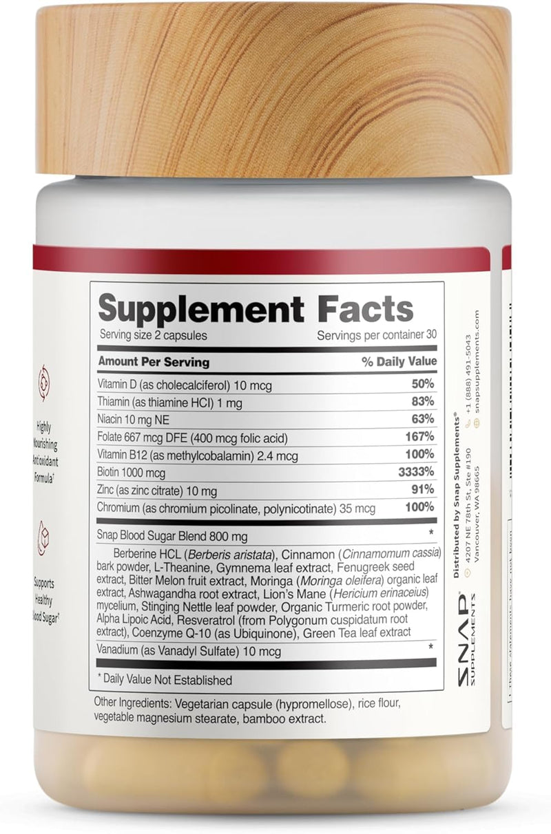 [Australia] - Snap Supplements Blood Sugar Blend with Berberine, CoQ10, Cinnamon, Alpha Lipoic Acid and Gymnema to Support Healthy Blood Sugar, Metabolic Health and Energy, Sugar Free, 60 Capsules 60 Count (Pack of 1) 