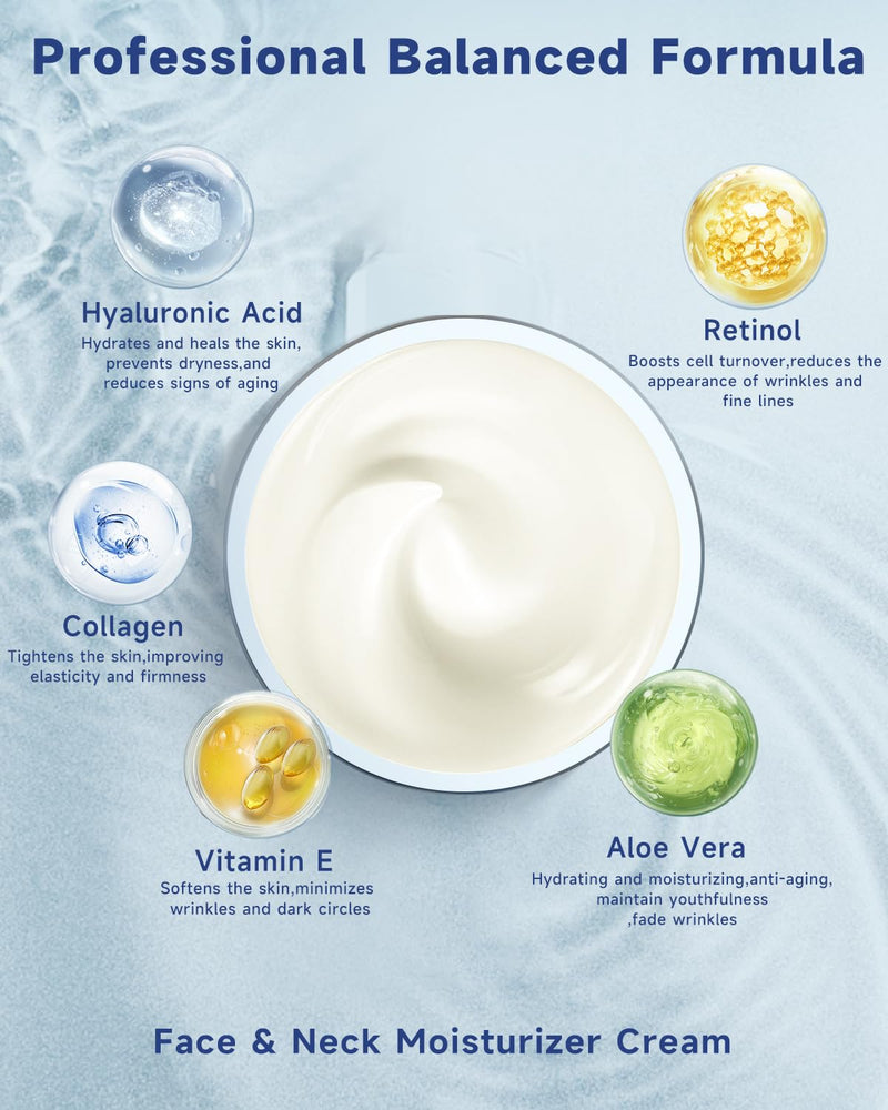 Retinol Cream for Face, Collagen Neck Creams for Tightening and Firming, Anti Aging Day & Night Facial Moisturizer + Super Vitamin C 20% Serum for Women, Dark Spot Remover for Face