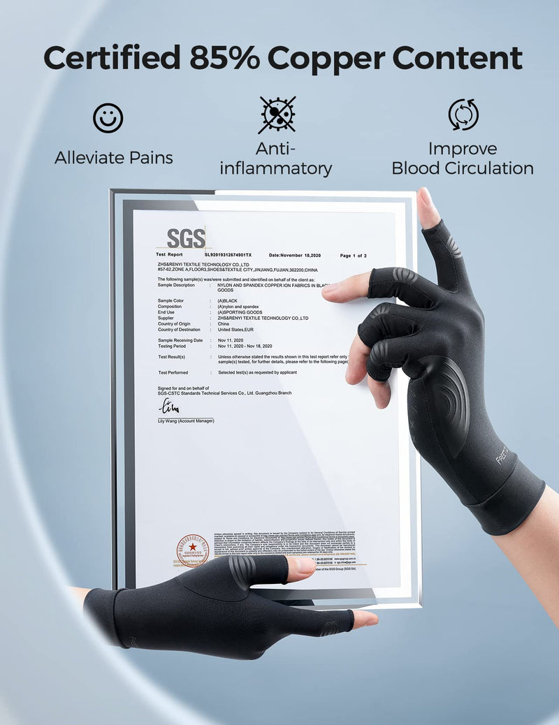 FREETOO Copper Arthritis Gloves for Carpal Tunnel Pain Relief, Strengthen Gloves to Alleviate Hand Pains,Swelling, Fingerless Computer Typing Gloves for Rheumatoid, Tendonitis Women/Men-L Black Large