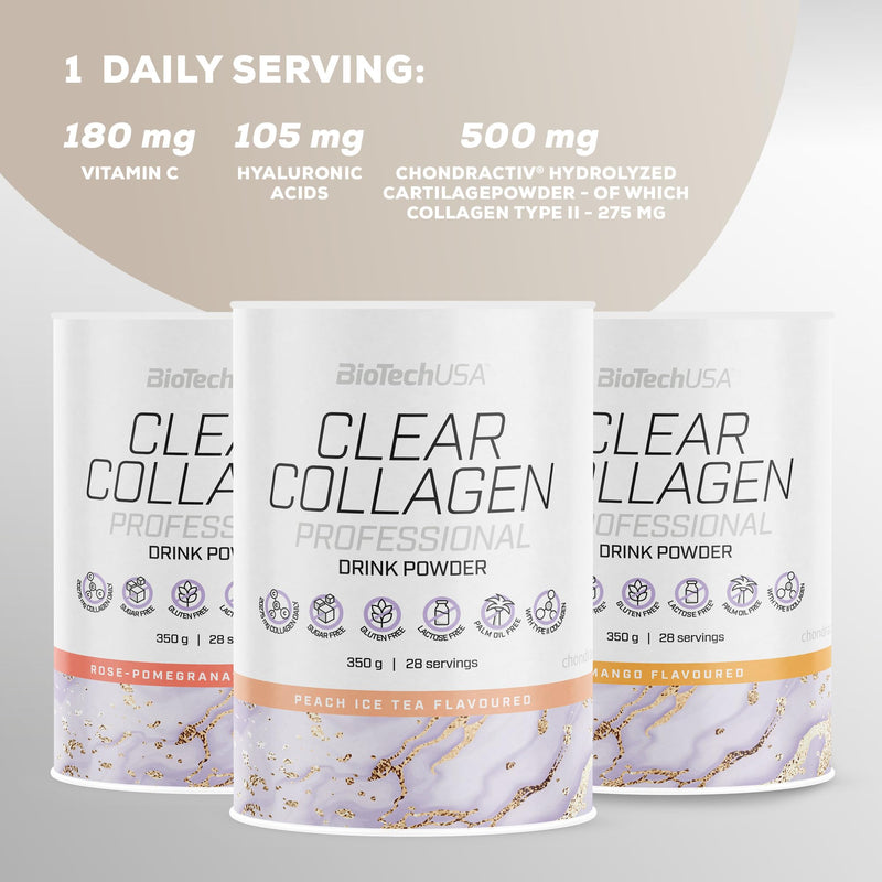 BioTechUSA Clear Collagen Professional, Flavoured Drink Powder containing hydrolysed Collagen, hyaluronic Acid, Amino acids, Vitamins, Minerals, 350 g, Rose & Pomegranate