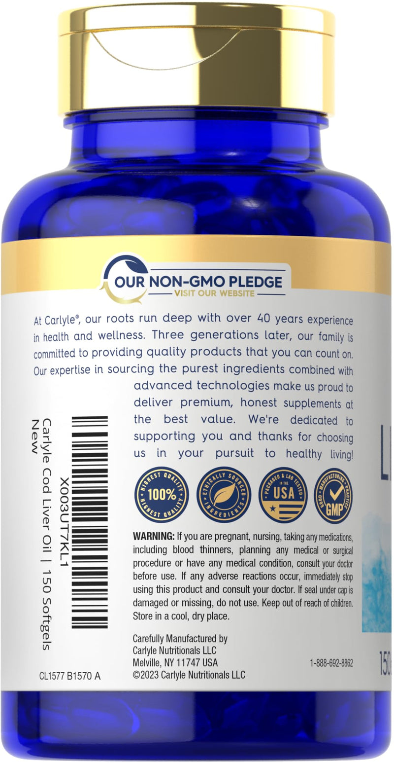 [Australia] - Carlyle Norwegian Cod Liver Oil | with EPA & DHA | 1245mg | 150 Softgels | Liquid Capsules | Non-GMO & Gluten Free Supplement 