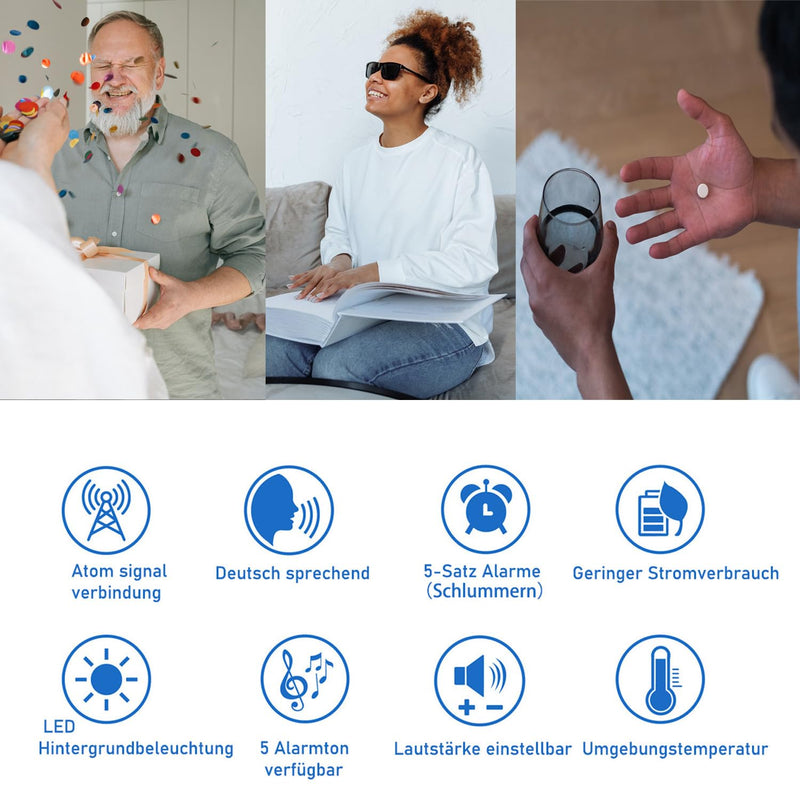 [Australia] - Hearkent Talking Alarm Clocks with German Pleasant Voice, Backlight and 5 Separate Alarm Sets for Blind, Visually Impaired and Elderly People (Black) Black 