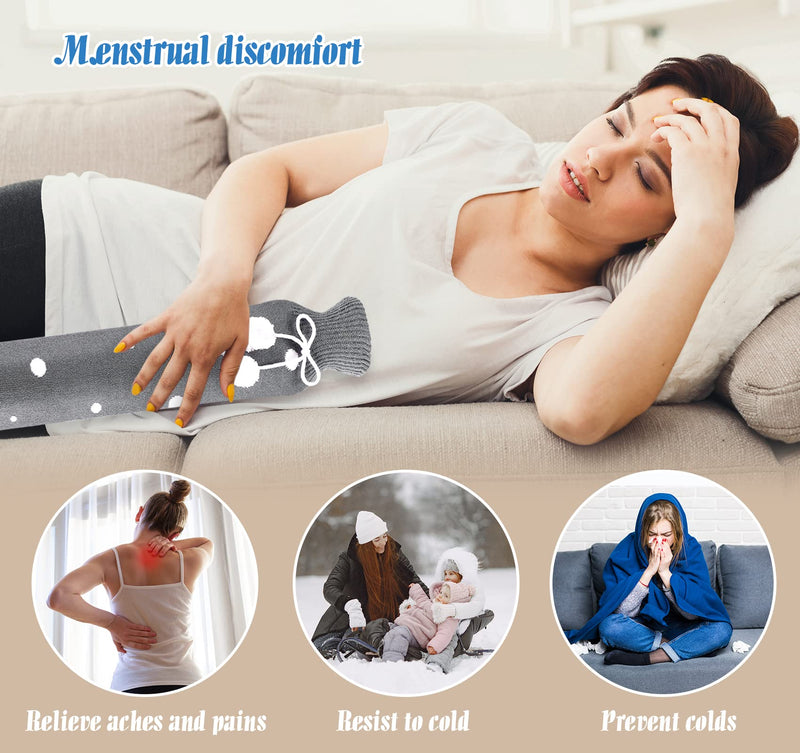 [Australia] - 73 cm hot water bottle hose long with knitted cover, hot water bottle 2 L with folding funnel, portable and washable knitted bottle cover hot water bottle for muscle pain, menstrual cramps (white/grey) white spot on grey 