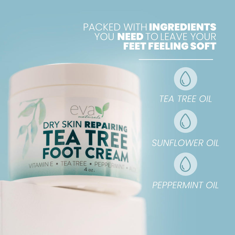 Eva Naturals Tea Tree Foot Cream with Peppermint, Menthol & Aloe, 4 fl oz | Dry & cracked heels, feet, spearmint, sunflower oil, geranium, lotion & balm, for men & women 4 Fl Oz (Pack of 1)