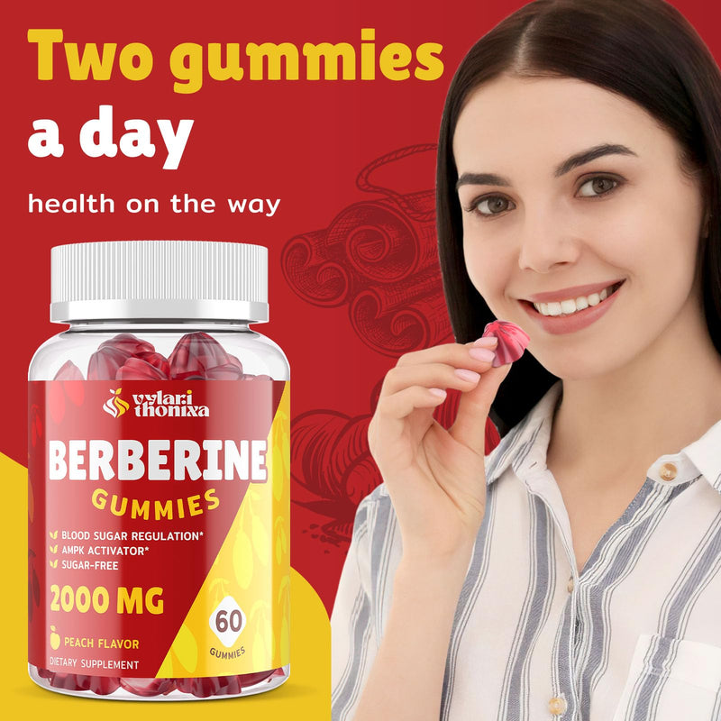 [Australia] - 2000mg Berberine Supplement Gummies - High Potency Berberine with Ceylon Cinnamon Candy, Turmeric, Magnesium, Chromium - Sugar Free, Vegan, Non-GMO, Gluten-Free - Peach Flavor 60 Gummies - 1 Pack 60 Count (Pack of 1) 