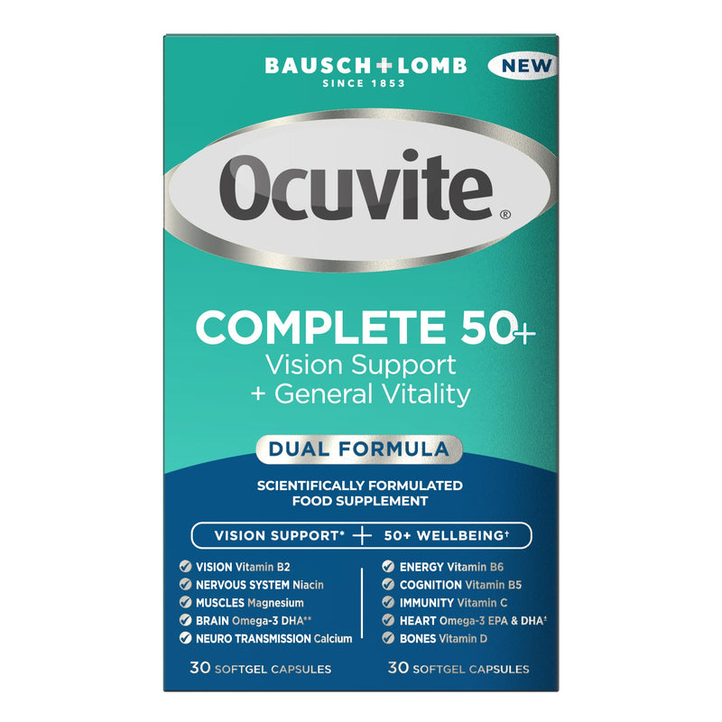 Ocuvite Complete 50+ Eye Supplement - Supports the Visual System & 50+ Wellbeing by Bausch + Lomb – Lutein and Zeaxanthin Supplement with Omega 3 DHA & EPA, Vitamin B6 & Vitamin D, 2 Capsules Per Day