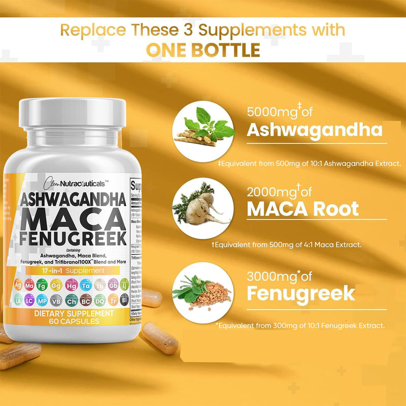 [Australia] - Ashwagandha 5000mg Maca Root 2000mg Fenugreek 3000mg Supplement with Tongkat Ali Ginseng - Assists with Stress, Mood & Thyroid Health - Ashwagandha Capsules Maca Pills Fenugreek Caps - 60 Count 