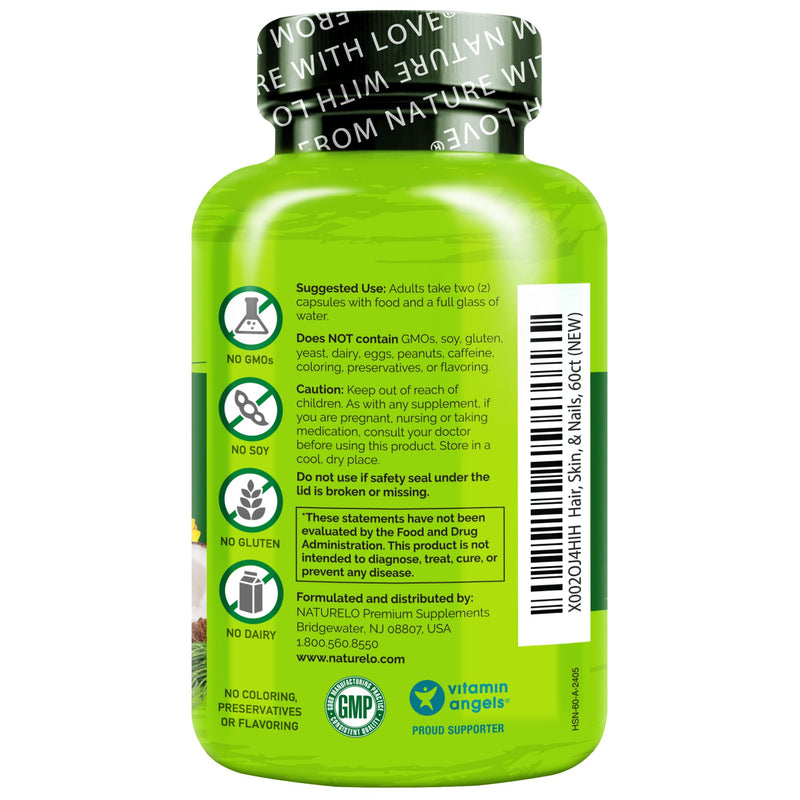 NATURELO Hair, Skin and Nails Vitamins - Biotin, Collagen - 60 Capsules | 5000 mcg, natural vitamin E, healthy skin, hair growth supplement for women and men Unflavored 60 Count (Pack of 1)