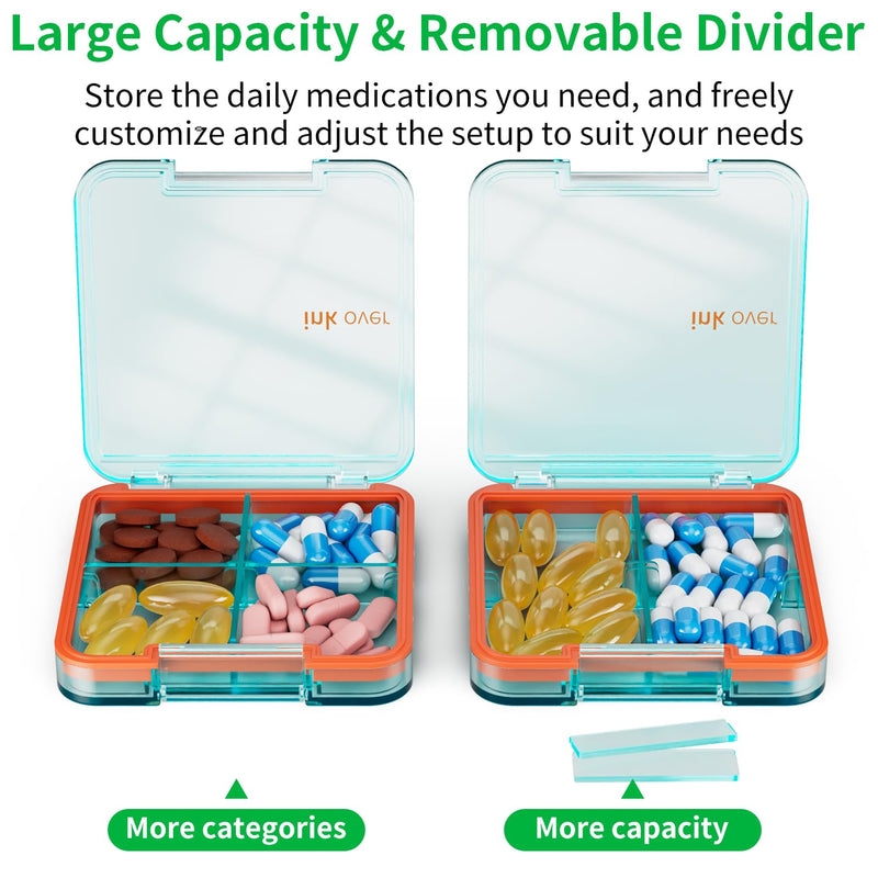 Small Pill Box, Travel Pill Organizer, Small Pill Case, Pill Container for Purse 4 Compartments, Daily Compact Travel Medicine Holder for Vitamins Medication (Blue) Blue