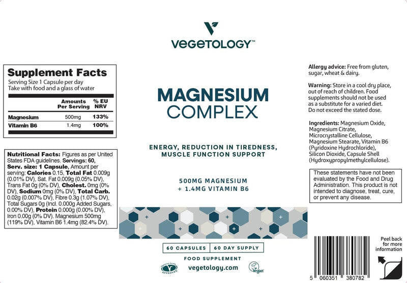 Vegetology Magnesium Supplements with Vitamin B6, 3-in-1 Complex, 60 Vegan Capsules, High Strength, Supports Energy, Muscle Function, and Overall Wellness, Age 11+