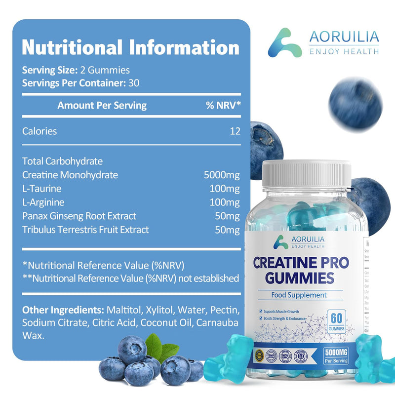 Creatine Gummies for Men & Women 5000mg 60 Chewable Creatine Monohydrate Gummies for Muscle Strength & Growth Sugar Free Pre-Workout Supplementm Vegans Gym (Blueberry Flavour) 60 count (Pack of 1)