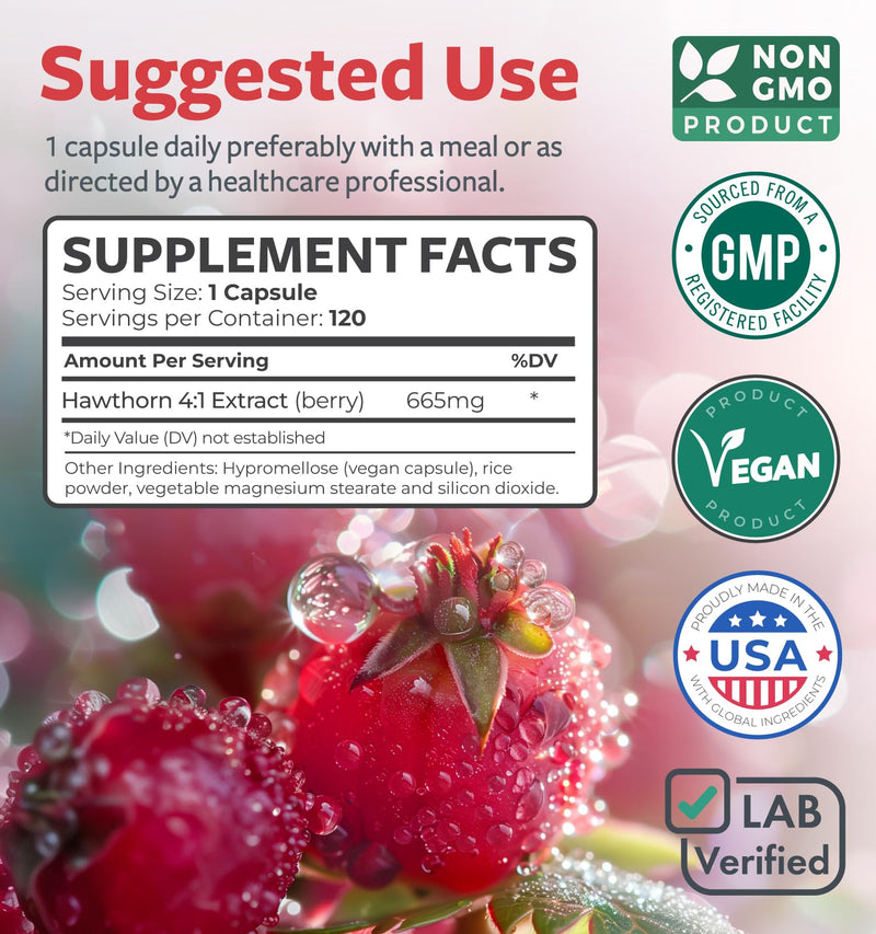[Australia] - Super Potent Hawthorn Berry Extract Capsules - Hawthorn Berry Supplement made from Extra Strength Concentrate to Support Heart and Digestive Health - Vegan Non-GMO & Gluten Free (4 Month Supply) 120 Count (Pack of 1) 