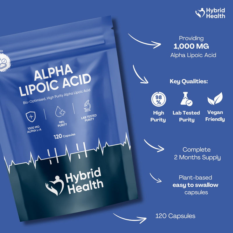 Hybrid Health Alpha Lipoic Acid 1000mg Supplement - 98% Lab-Tested Purity ALA, 120 Vegan Capsules, High-Strength Formula, 2 Months Supply
