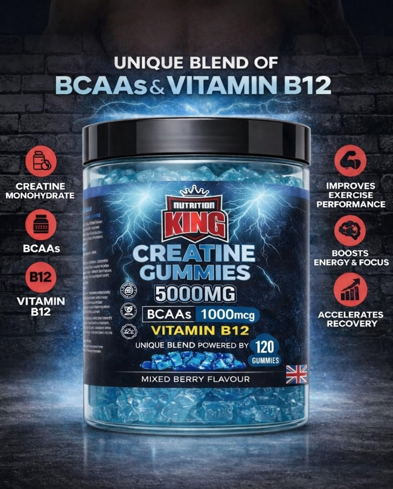 Creatine Gummies 5000mg Per Serving – BCAA 1000mg + Vitamin B12 – Sugar-Free Creatine Monohydrate Gummies – Energy, Strength & Recovery Support – Vegan Friendly – 120 Gummies (Blueberry)